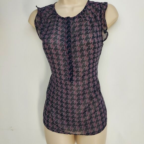 ANN TAYLOR NAVY BLUE GEO PRINT SEMI-SHEER SLEEVELESS BLOUSE SHIRT TOP SZ: MP NWT - Picture 3 of 4